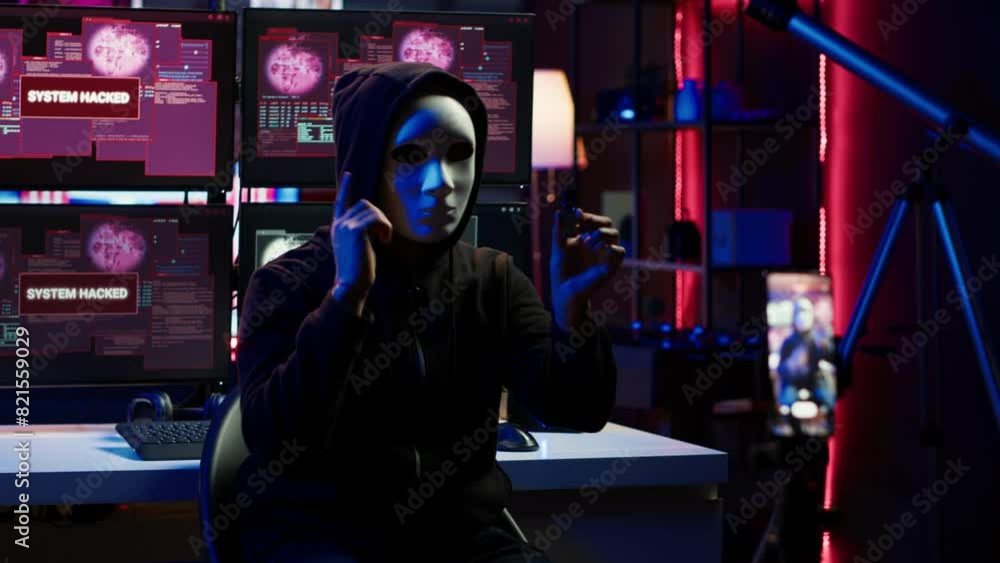 Aufkleber evil programmer concealing identity using mobile phone to film ransom video in secret base. scammer 