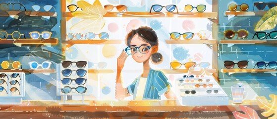 A kawaii water color of an optometrist, fitting glasses, in a stylish optical shop with trendy eyewear displays, Clipart isolated on white