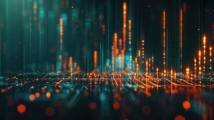 iridescent stock market graph on dark background, orange and teal lights, futuristic style, depth of field, blurred background, glowing lines - Powered by Adobe