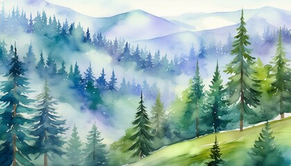 Fototapeta premium Watercolor landscape. Coniferous forest and morning fog