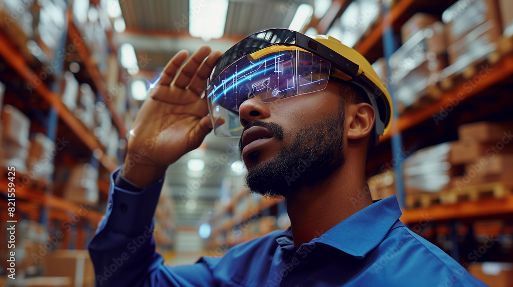 Poster worker in modern warehouse using artificial intelligence and virtual reality based technology for ma