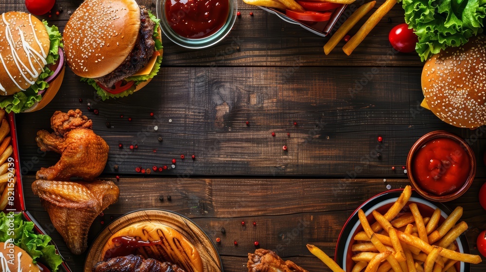 Poster a topview image with a large copy space in the middle for text the fast food items are arranged arou