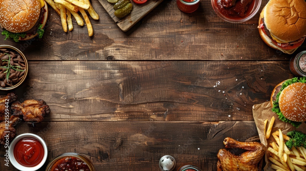 Poster a topview image with a large copy space in the middle for text the fast food items are arranged arou