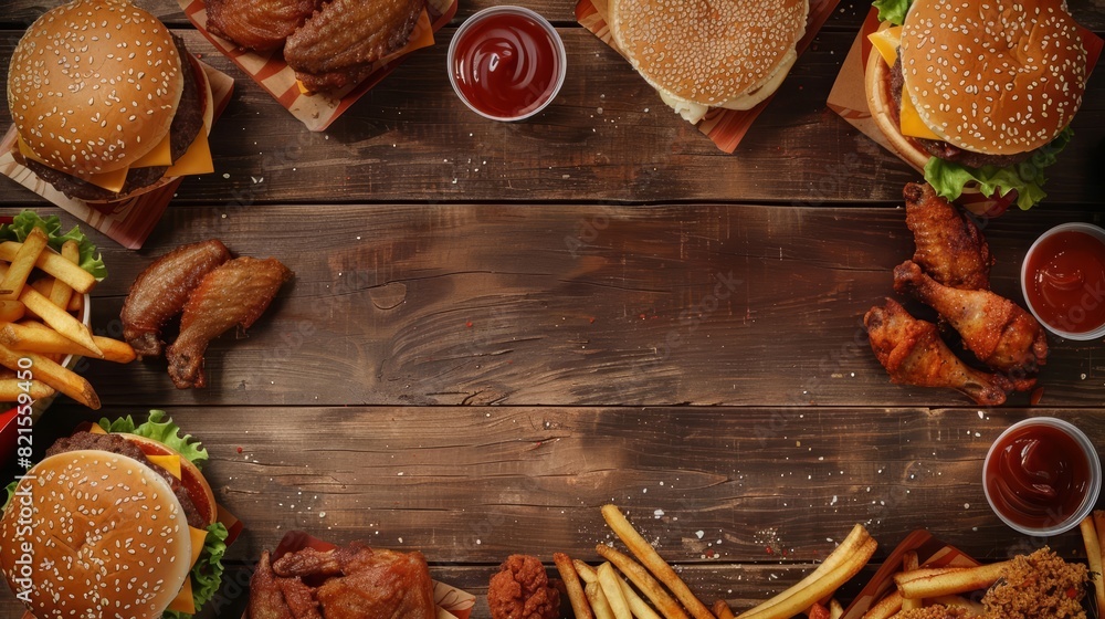 Poster a topview image with a large copy space in the middle for text the fast food items are arranged arou