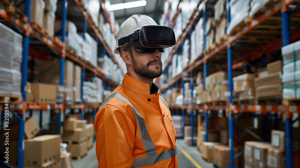 Poster worker in modern warehouse using artificial intelligence and virtual reality based technology for ma