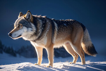 Obraz premium A solitary gray wolf with thick fur hunts in its snowy winter habitat