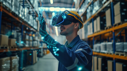  worker in modern warehouse using artificial intelligence and virtual reality based technology for management