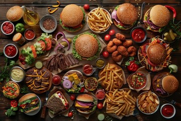 A topview of a variety of fast food items arranged in a creative and playful manner The burgers
