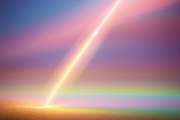 A beautiful rainbow stretches across a cloudy sky, reflected in the vibrant colors of the ocean below