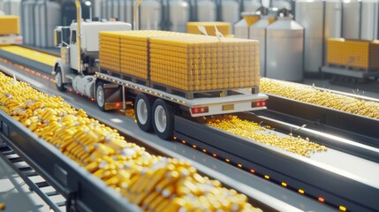 Truck transporting corn cobs on a conveyor system in an agricultural or industrial facility, likely related to food processing or distribution.