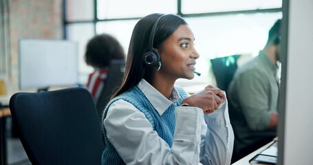 Call center, contact us and business woman in office consulting for crm, faq or b2b networking. Telemarketing, customer support and insurance consultant with virtual help, advice or inbound marketing
