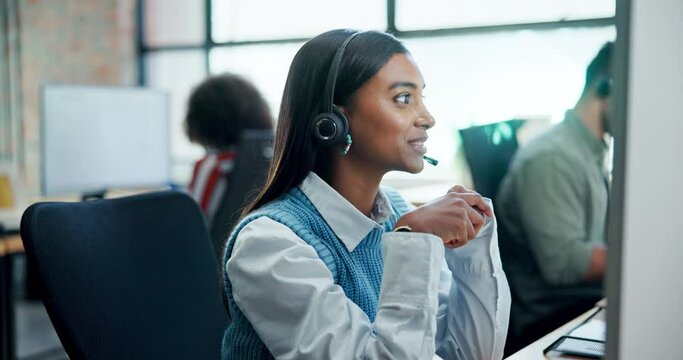 Call center, contact us and business woman in office consulting for crm, faq or b2b networking. Telemarketing, customer support and insurance consultant with virtual help, advice or inbound marketing
