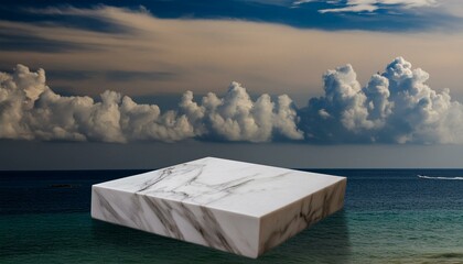 white marble podium with ocean sky background