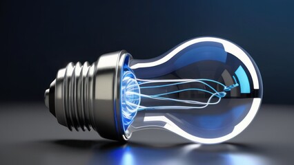 A transparent light bulb showing its filament against a futuristic, blue and silver metallic background.