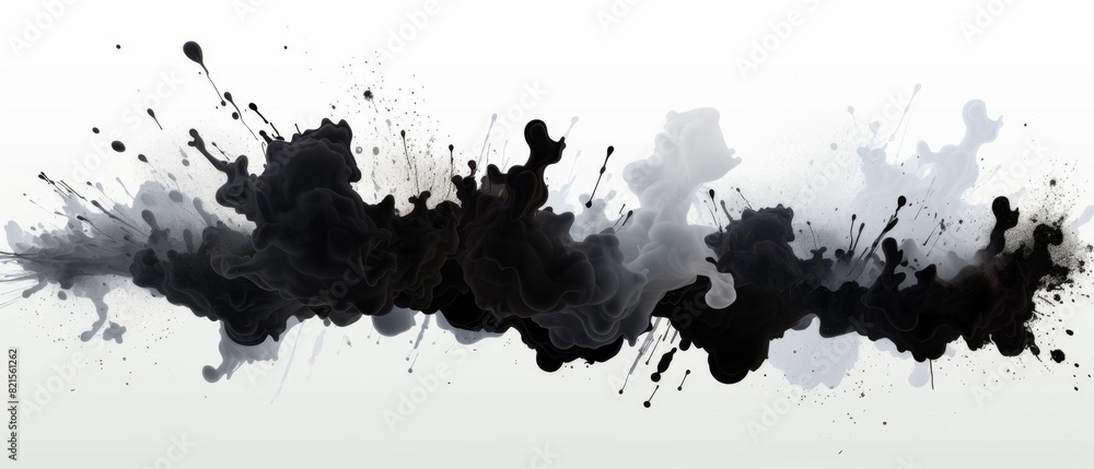 Poster abstract black and white ink splash painting with dynamic splatters and fluid movement, creating an 