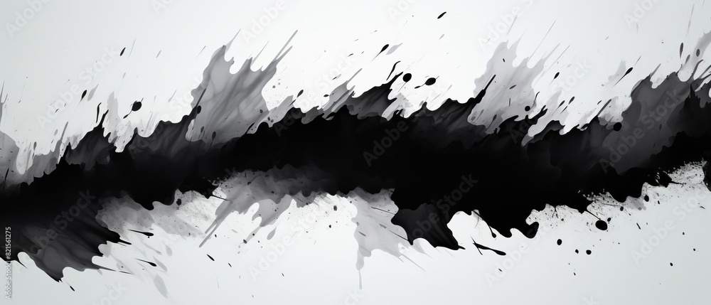 Poster abstract black and white ink splash painting with dynamic splatters and fluid movement, creating an 