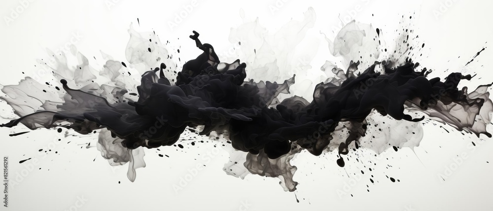 Poster abstract black and white ink splash painting with dynamic splatters and fluid movement, creating an 