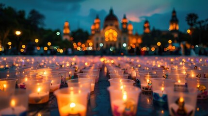 Many candles in plastic cups with stickers of famous Mexican icons, in front of the catedral - Powered by Adobe