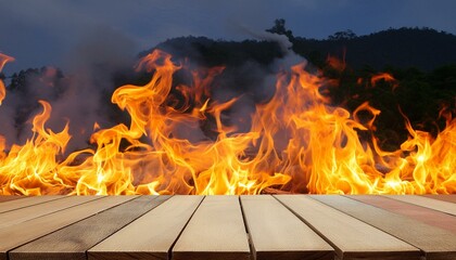 Wooden table with fire and smoke background.
