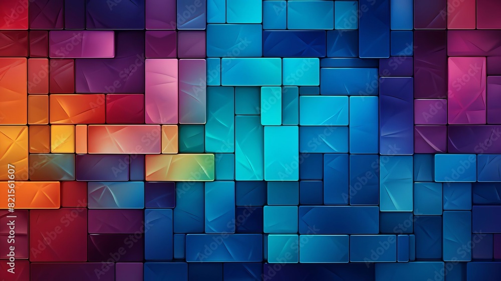 Poster a vibrant and colorful geometric background with overlapping rectangles in shades of blue, purple, a