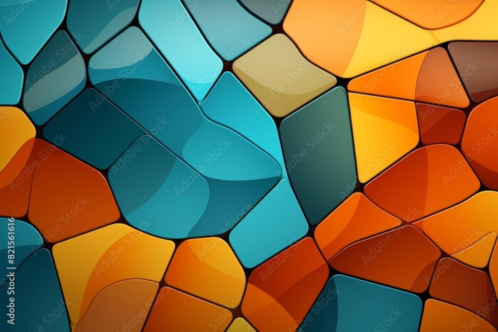 Poster vibrant abstract mosaic art pattern with geometric shapes in blue and orange hues, creating a dynami