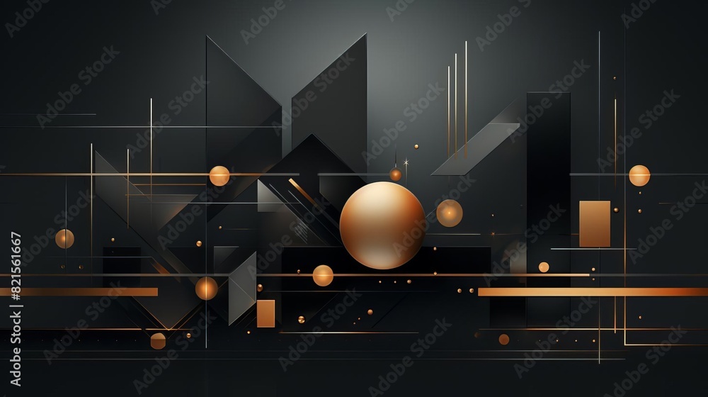 Poster abstract geometric art with metallic shapes and dark background, featuring golden spheres and angula