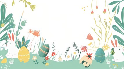 Fototapeta premium Minimal blank template card for Easter Sunday in cute styles, featuring elements of Easter eggs and bunny icons, with a large copy space on center for text