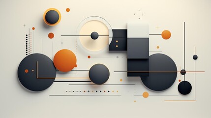 Obraz premium Modern abstract geometric composition featuring circles, squares, and lines in shades of orange, black, and white with a minimalist design.