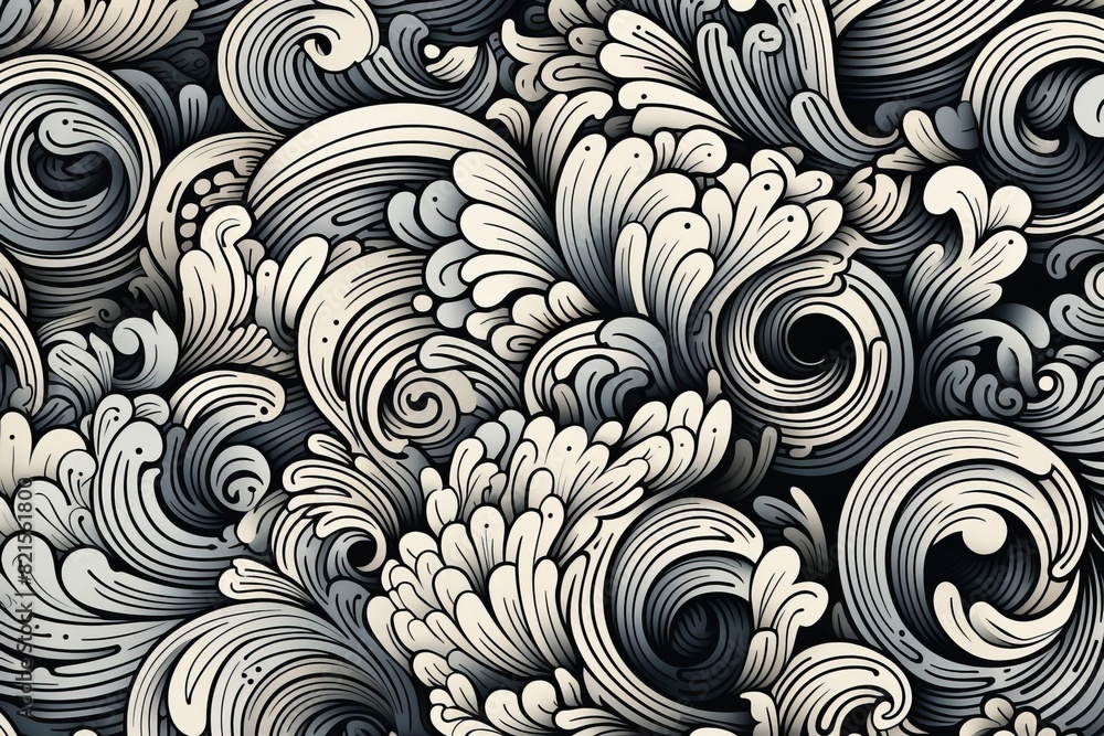 Poster intricate black and white abstract wave pattern with swirls and curls, depicting a seamless fluid mo