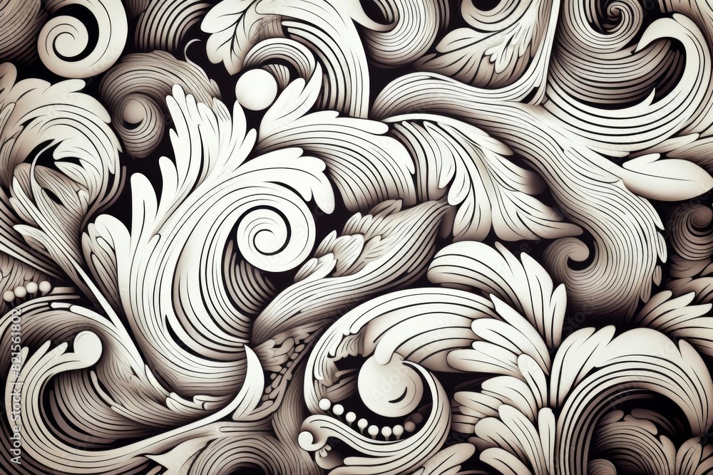 Poster intricate abstract ornate pattern with swirling leaves and curves in monochrome, ideal for backgroun
