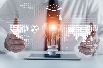 The concept of modern e-learning education, hand with lamp
