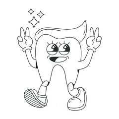 Happy tooth retro character. Black and white vector illustration for coloring book