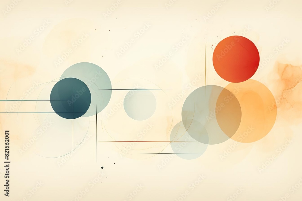 Poster minimalist abstract art featuring colorful geometric shapes and circles on a soft background, ideal 