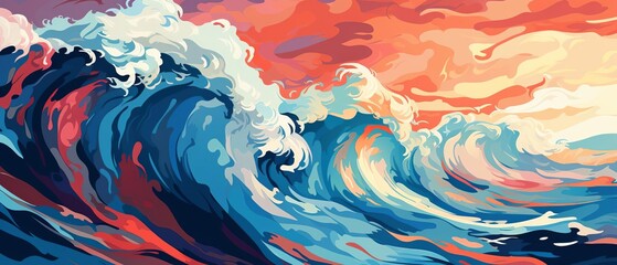 Vivid digital artwork of ocean waves with a stunning sunset in the background, showcasing dynamic colors and fluid motion.