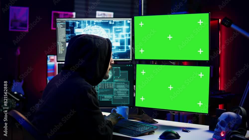 Poster hacker using ai and green screen computer monitors to produce malicious malware corrupt company data