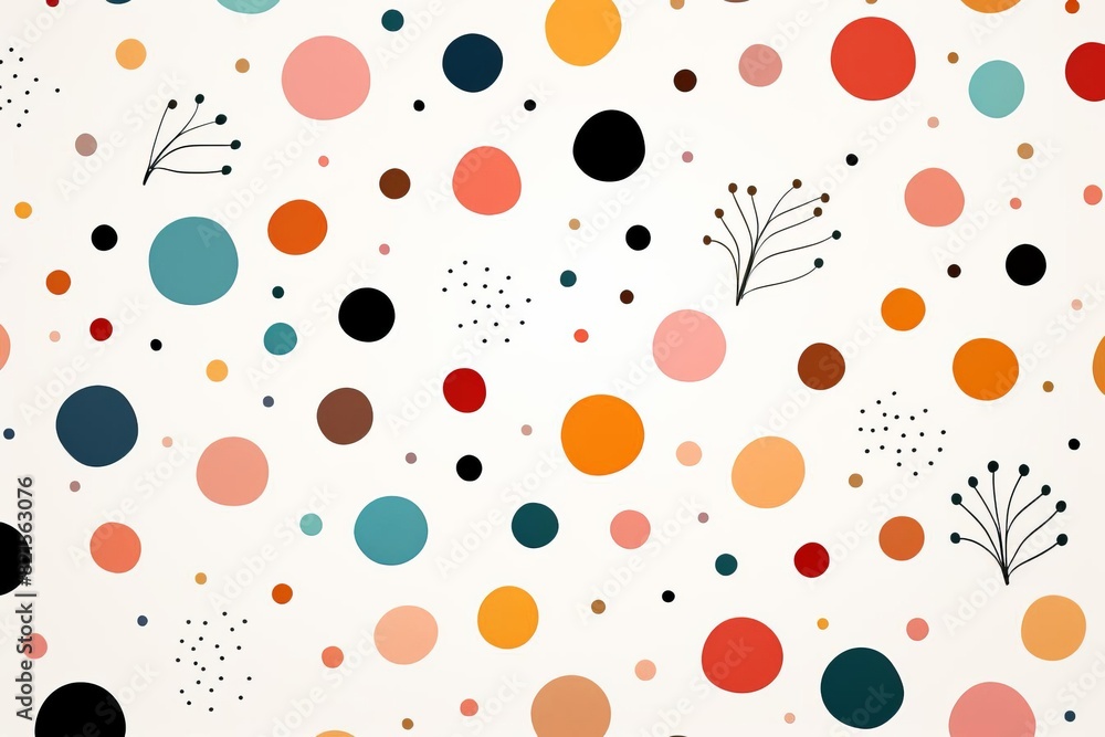 Poster colorful abstract polka dot pattern with various sized circles and simple line drawings on a white b