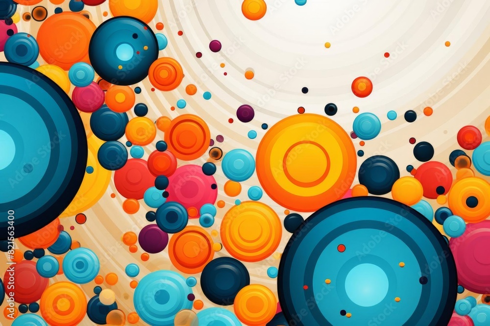 Poster vibrant abstract design featuring colorful overlapping circles in shades of blue, orange, red, and y