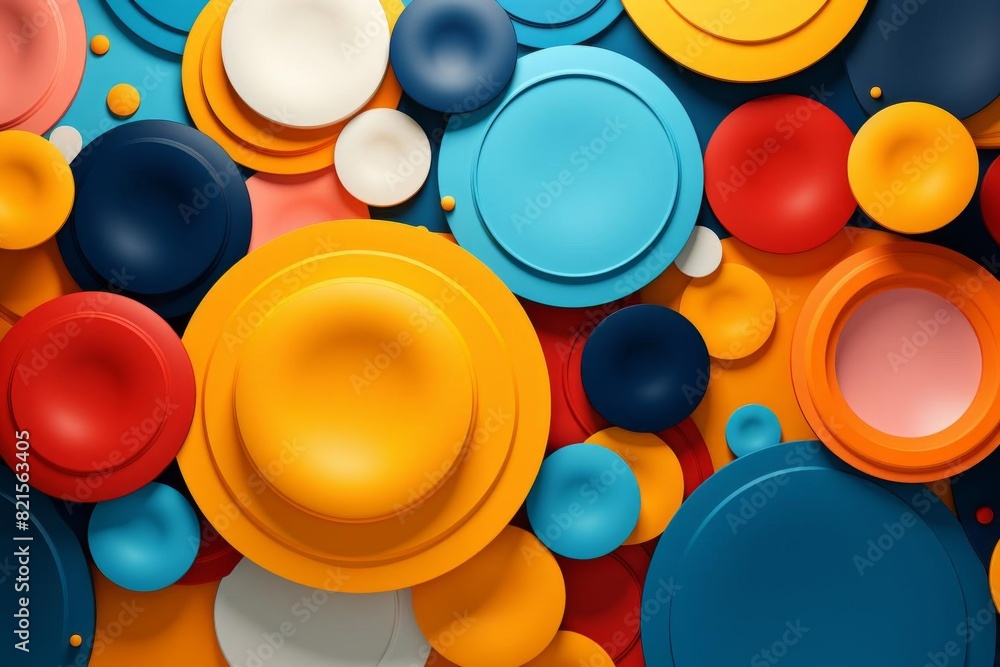 Poster colorful abstract pattern of overlapping circles in vibrant blue, orange, red, and white tones, crea