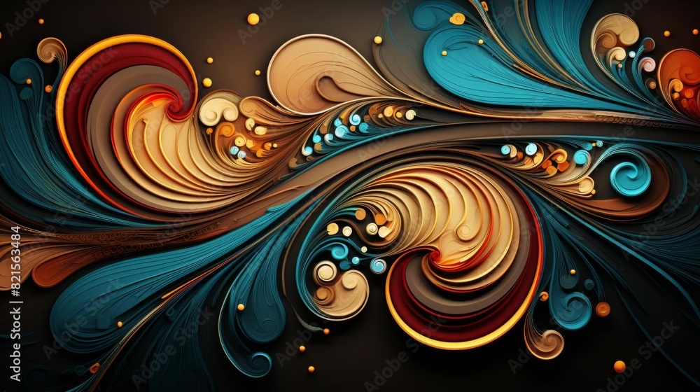 Poster vibrant abstract digital art with swirling colors and flowing shapes, creating an intricate and dyna