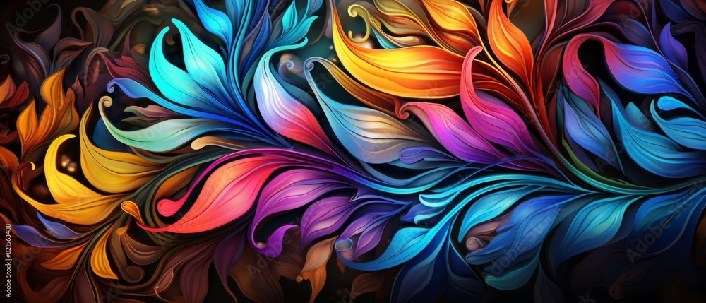 Poster vibrant abstract digital art featuring a blend of colorful feathers and swirls creating a stunning a