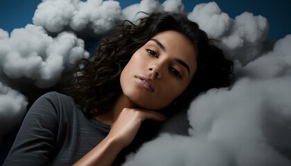Young woman in peaceful slumber in soft, blue clouds, embodies the essence of tranquil rest and heavenly dreams, suggesting ultimate comfort and rejuvenation that of healthy sleep and wellbeing