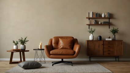 Living room wall mockup with leather armchair and decor on cream color wall background