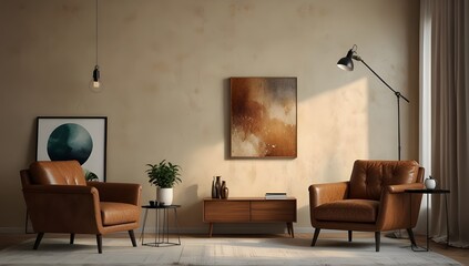 Living room wall mockup with leather armchair and decor on cream color wall background