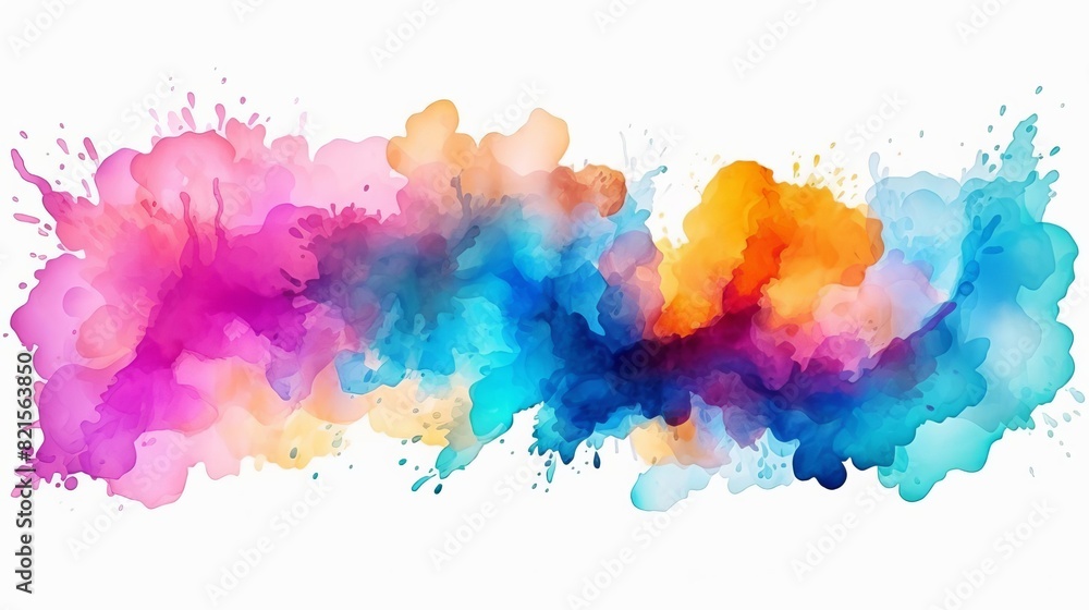 Poster vibrant watercolor splash in multiple bright colors creating an abstract design on a white backgroun