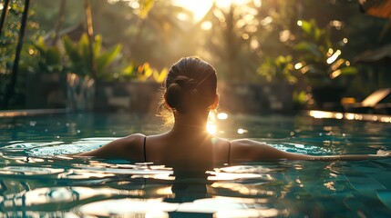 woman relaxing in the pool, back view, tropical spa, sunlight and shadows, in the style of professional photography