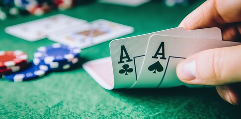 Poker cards in hand, at a poker table background, with poker chips and card details, on a green felt cloth, in a right side composition, with a wideangle lens, in soft light, with rich colors, with dy