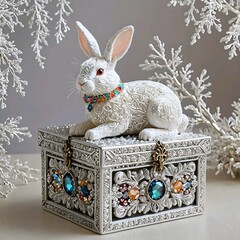 A lovely white rabbit sculpture, complete with a charming red collar, is perched on a white box.