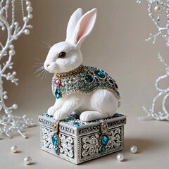 Atop a white box sits a small figurine of a white rabbit, accentuated by a vivid red collar.