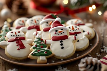 Closeup of decorated Christmas cookies with snowmen, trees and decorations on a plate, in high resolution photography, with professional color grading, soft shadows, no contrast, clean sharp focus, of