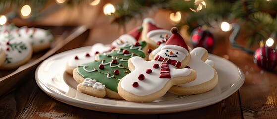 Closeup of decorated Christmas cookies with snowmen, trees and decorations on a plate, in high resolution photography, with professional color grading, soft shadows, no contrast, clean sharp focus, of